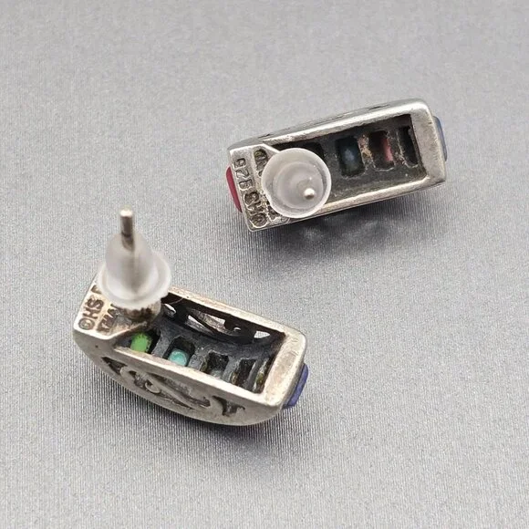 VTG Sterling Silver Multi Gemstone Earrings 5/8"x1/4" Filigree Accents Signed HS - Picture 4 of 9